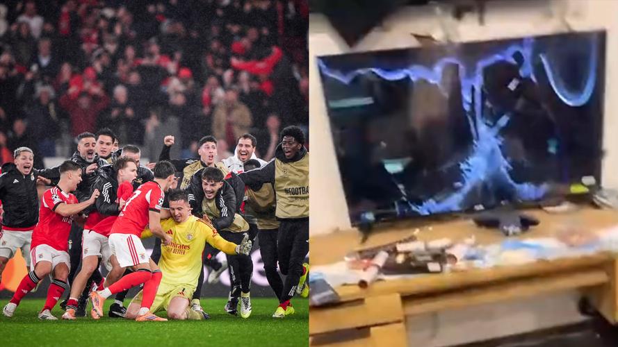 马赛球迷看到本菲卡在最后一刻进球后，愤怒砸电视机